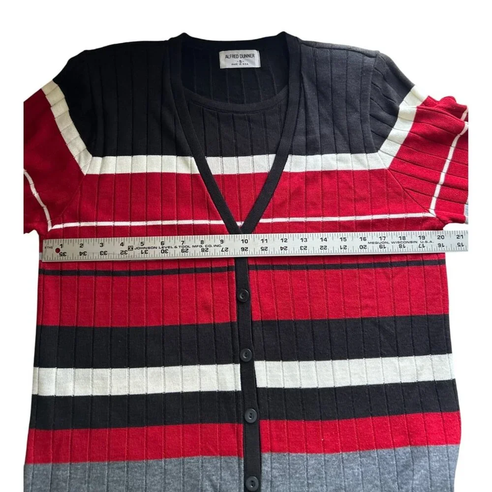 Alfred Dunner Cardigan faux 2 pc Sweater S Black/Red/Gray Striped Button-Front
